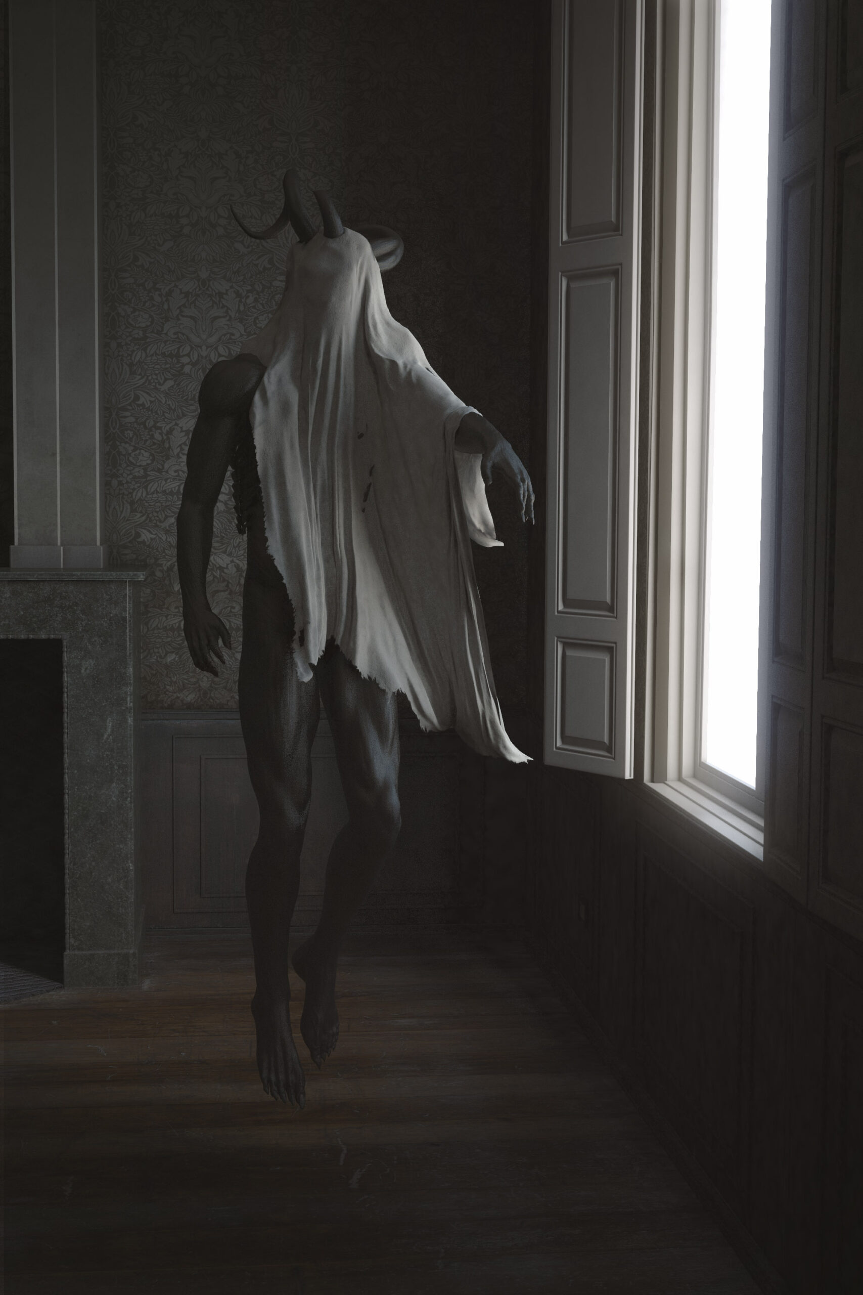 A Demon draped in white cloth stands near a window in a dimly lit room with ornate wallpaper.